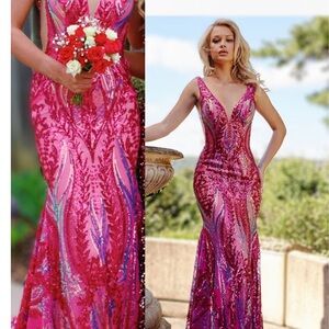 Jovani Fuchsia and Purple Sequin Prom Dress